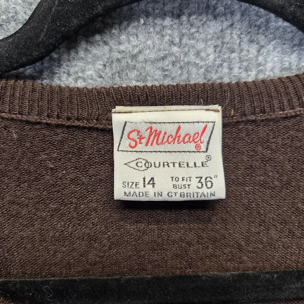 Vintage St Michael Cardigan Sweater Womens 14 Brown Crew Neck Courtelle Knit
